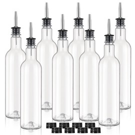 RimCereal 25 oz Plastic Long Neck Bottle with Stainless Steel Leakproof Tapered Spout Pourer and Cap Syrup Alcohol Juice Coffee Liquor Container for Home Bar Service Bartending Party Supplies(8 Pack)