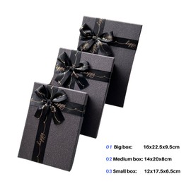 3 Pack Nested Rectangle Black Sparkling Gift Boxes with Lids - Large Gift Boxes with Ribbon Bow, Lovely Design, Cardboard