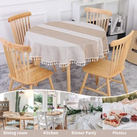 SUCHDECO Linen Tablecloth Round 120 cm Washable Cotton Tablecloth Wrinkle-Free Dustproof with Tassels Striped Embroidery for Kitchen, Dining Table, Coffee Table, Garden Table, Khaki