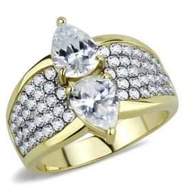 YourJewelleryBox Double pear Cut Simulated Diamond Ring Gold Stainless Steel Statement TK3442 T