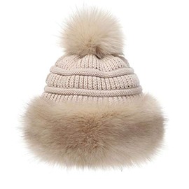 Soul Young Women's Faux Fur Hat Black Russian Cossack Knit Pompom Ski Snow Cap for Winter White(One Size,Khaki)
