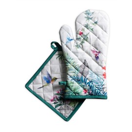 Maison d' Hermine Oven Mitts + Pot Holders 100% Cotton Heat Resistant Easter Oven Mitt (19cm x 33cm) & Pot Holder (20cm x 20cm) for Cooking BBQ Baking Grilling, Tropiques - Spring/Summer