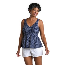 Maxine Of Hollywood Women's Standard Over The Shoulder Empire Tankini Swimsuit Top, Indigo//Seaside Dot