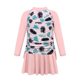 SHEKINI Girls Two Piece Rash Guard Long Sleeve Swimsuit UPF 50+ Protection Printed Swimsuit with Skirt 6-12T (Pink-Printing, 6-8 Years, 6_Years)