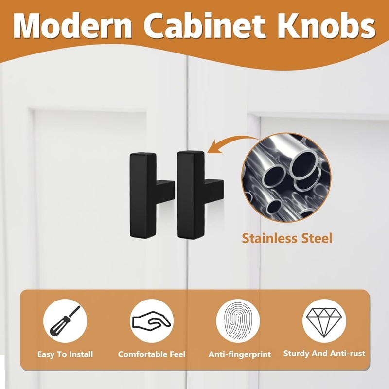 SNOKAY 10 Pack Matte Black Square T Cabinet Pulls Single
