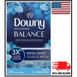 Downy Infusions BALANCE Cloth MEGA Dryer Sheets CRISP RAIN BLUE EUCALYPTUS 80ct