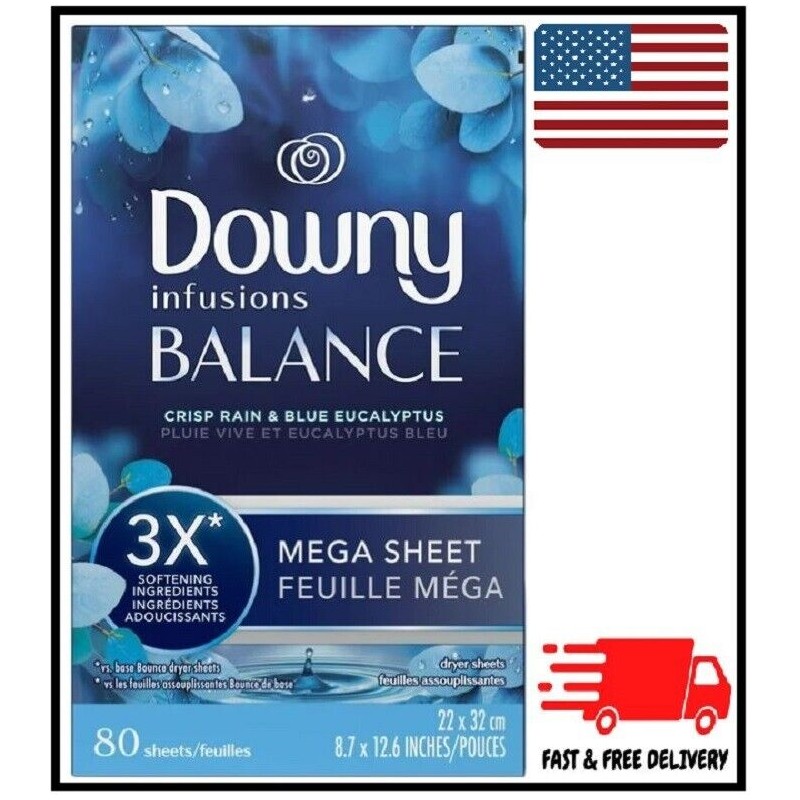 Downy Infusions BALANCE Cloth MEGA Dryer Sheets CRISP RAIN BLUE