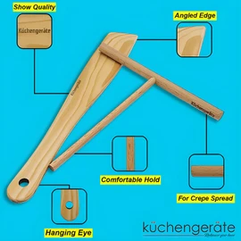 Kuchengerate 3.5 inc Crepe Spreader and 12 inc Wooden Spatula Turner Crepe Maker Set - T Shaped Structure - Handmade Natural Beech Wood - No Paint No Polish