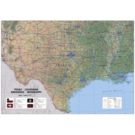 Texas, Louisiana, Arkansas & Mississippi States Physical Map - 23.3 x 16.5 Inches - Paper Laminated