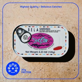 BELA Wild Caught Portuguese Sardines - Lightly Smoked and Marinated in Piri Piri Flavored Extra Virgin Olive Oil | 4.25 Oz (Pack of 1) | All Natural, High Protein, Hand Selected, Sea Salted, & Omega 3 Rich