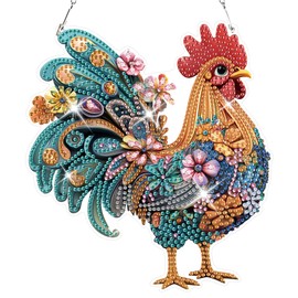 HEIBAGO Chicken Hanging Diamond Art Kits for Adults, Rooster Special Shaped Crystal Diamond Painting Ornament Kit, DIY Double-Sided Pattern Window Pendant Gem Art Kit for Home Wall Decor 8.3x8.3inch