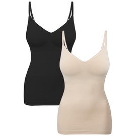 EUYZOU Womens 2PK Tummy Control Shapewear Tank Tops Seamless V-Neck Compression Tank Tops Body Shaper Camisole, Black/Nude L