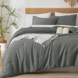 PHF 3 Pieces Grey Waffle Weave Comforter Set King Size - Ultra Soft Textured Waffle Comforter with 2 Pillow Shams, Lightweight Breathable Comfy Bedding Set for All Season, Grey