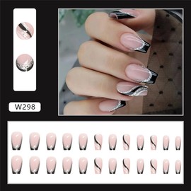24Pcs Medium Length Square French Tips Press on Nails Black Silver Glitter Line Design Fake Nails Full Cover DIY Detachable Ballerina False Nails for Women