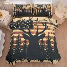 Helloosuu Deer Comforter Sets Queen 5PCS with Sheets,Deer and American Flag Comforter Set for Hunter Bedroom Decor,Deer Bedding Queen,Bedding Set for Boys Adult Teens