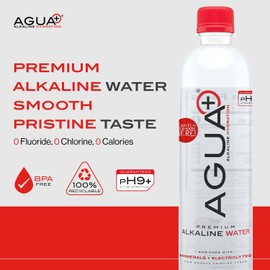 Agua Plus pH9+ Alkaline Water Bottles - 16.9 fl oz Drinking Water Bottles - USA Made - Electrolyte-Infused, Mineral-Rich, Recycled Plastic Water Bottles - 6 Pack