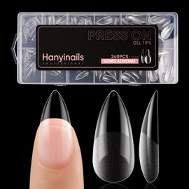 Long Almond Gel x Nail Tips, 240Pcs Half Matte Nails Pre-Shaped Glue On Acrylic Fake Nails, Soft Clear Full Cover Extension False Nail Tips 12 Sizes for Beginners Home DIY Nails Art -Hanyinails