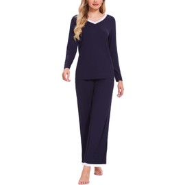 Atxnn Womens Pyjamas Set Soft Nightwear Autumn Winter Pjs Comfy V Neck Loungewear Two Pieces Long Sleeve Long Pant with Pockets for Spring, NAVYBLUE M