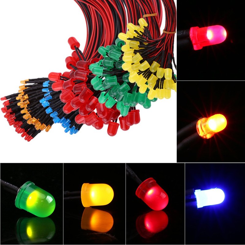 Walfront 50Pcs 3/5/10mm Pre-Wired Diffused LED Diodes Multi Colors Light