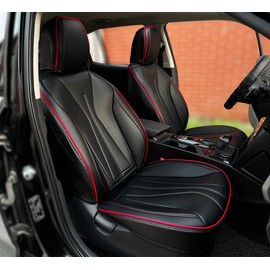 PINCTROT Car Seat Covers Front Set, Breathable Soft Pebbled Leather, Luxury Waterproof Seat Cushion, Airbag Compatible, Seat Protector Universal Fit Most Cars (Front Set, Black Red Trim)