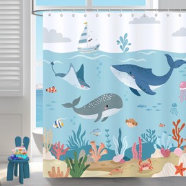 Bonhause Shower Curtain Kids Blue Ocean Whale Under the Sea Shower Curtains 180 x 180 cm Anti-Mould Waterproof Polyester Fabric Washable Bathroom Curtain for Bathroom with 12 Hooks