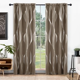 Deconovo Blackout Back Tab Silver Curved Wave Pattern Printed Curtains, Khaki, 42W x 84L