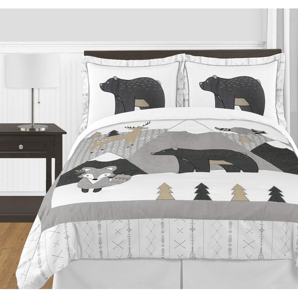 Sweet Jojo Designs Beige Grey White Boho Mountain Animal Unisex Boy or Girl Full Queen Size Kid Childrens Bedding Comforter Set for Gray Woodland Forest Friends Collection - 3 Pieces - Deer Fox Bear