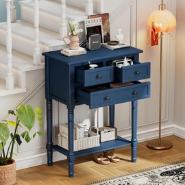 Merax Farmhouse Wood Table for Hallways Wood Narrow Foyer Sideboard with Drawers and Bottom Shelf for Entryway Navy Blue
