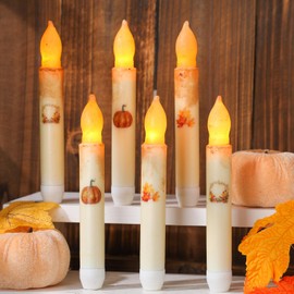 Baquler 6 Pcs Thanksgiving Flameless Candles 6.5 Inch Short Fall Pumpkin Maple Leaf Taper Candles Battery Operated LED Candlesticks for Autumn Thanksgiving Dinner Table Centerpiece Home Party Decor