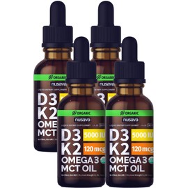 (4 Pack) Organic Vitamin D3 K2 Drops with MCT Oil Omega 3, 5000 IU - Maximum Strength Vitamin D Liquid, No Fillers, Non-GMO Liquid D3 for Faster Absorption and Immune Support, Unflavored, 4 Fl Oz