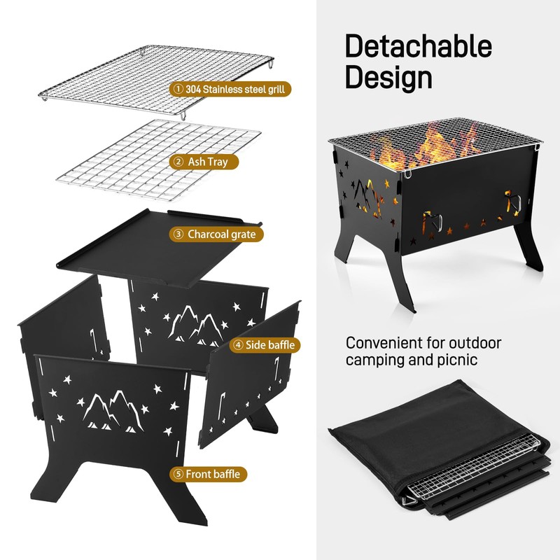 Odoland Camping Grill Portable Folding Charcoal Grills Backpacking BBQ Grill