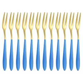 sourcing map 12 Pcs Pickle Fork, 5.2 Inch Olive Fork with Long Handle, Stainless Steel Cocktail Forks, 2-Tine Fork for Dessert Cocktail Fruit and Vegetable Blue Gold