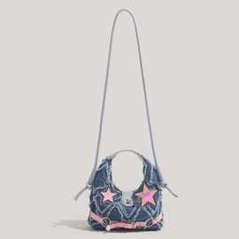 Denim Hobo Bag for Women, Small Star Jean Fringe Shoulder Purse, Soft Top Handle Bag Crossbody Bag