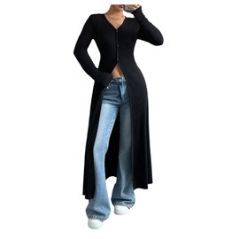 WDIRARA Women's Button Down Long Cardigan V Neck Slit Ribbed Knit Sweater Casual Going Out Tops Black Small