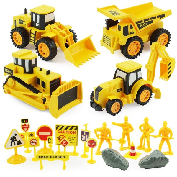 Boley Builders Play Set - 24 Piece Kids Construction Toys with Bulldozer, Dump Truck, Front Loader and Backhoe Toy Trucks, Diecast Signs, Pretend Rubble and Construction Workers - Excavator Toy Trucks