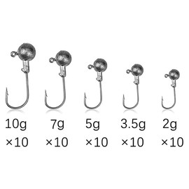 yufana Pack of 45 Jig Hooks with Round Jig Head, Fishing Premium Offset Hook Set Lead Head Fishing Hooks Set with Various Sizes 2 g 3.5 g 5 g 7 g 10 g