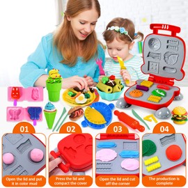 GUHAOOL Kneading Set for Children, 54 Pieces Kitchen Creations Pasta Machine Play Set Burger Ice Cream, Kneading Accessories with Accessories and 12 Cans of Clay, Toy Gift Girls and Boys 2-10 Years