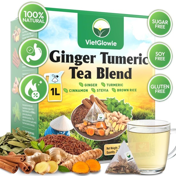 VietGlowie 20 Ginger Tumeric Tea Blend, 10.2g/bag to 33oz, Ginger,
