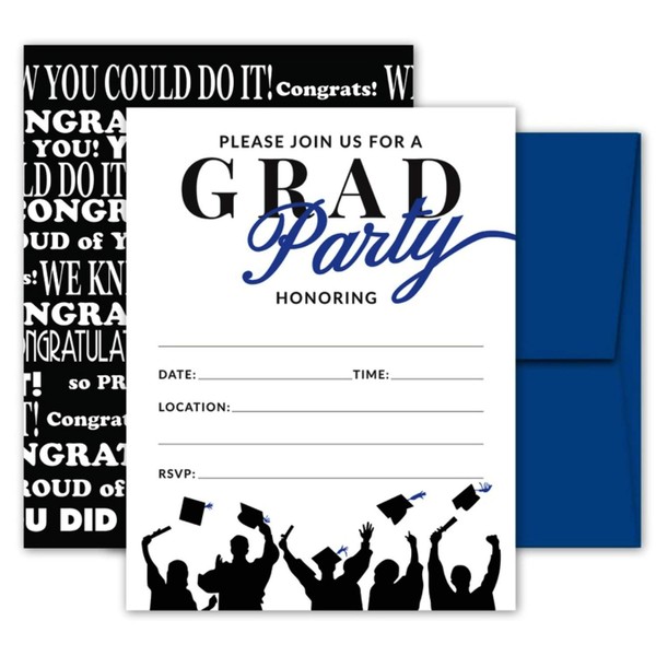 25 Blue & Black Graduation Party Invitations with Envelopes for College, High School, University Grad Celebration or Announcement- Invite Cards Fill In Style- Party Decorations Supplies