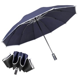 Windproof Inverted Folding Travel Umbrella - Automatic Umbrella with Reflective Strips & 10 Reinforced Ribs, Drip Free, Compact & Lightweight for Car, Backpack, Office