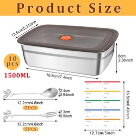 10Pcs 316 Stainless Steel Food Storage Containers Airtight Lids 50oz/1500ml Fresh-keeping Metal Refrigerator Container Metal Meal Container