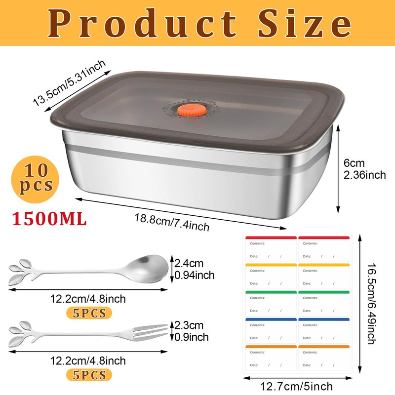 10Pcs 316 Stainless Steel Food Storage Containers Airtight Lids 50oz/1500ml