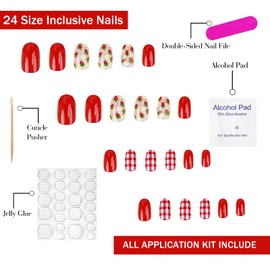 Cute Press on Nails Short Oval OFDNE Red Fake Nails False Nails with Designs Cute Strawberry Flower Full Cover Glossy Glue on Nails Stick on Nails Acrylic Nails for Women Girls 24 Pcs