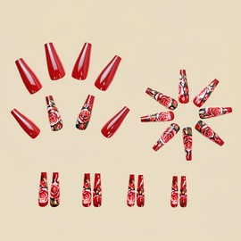 24 Pcs Red Press on Nails Long Coffin- ZIFANHU Fake Nails Press ons with Rose Design Acrylic Nail Art Kit Glue on Nails Full Cover Cute False Nails Stick on Nails for Women