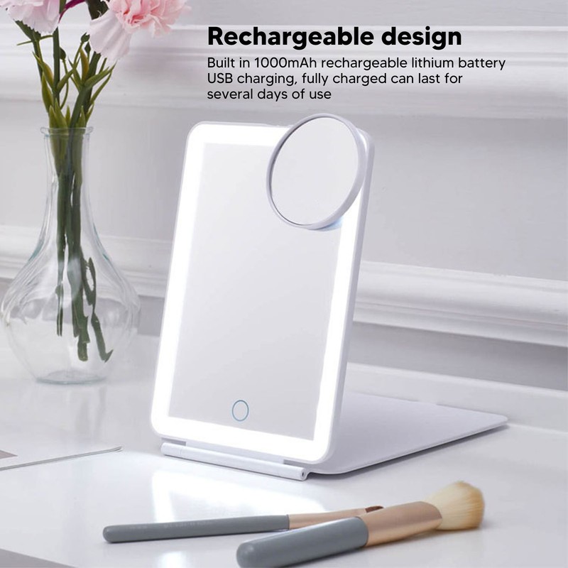 LED Rechargeable Travel Vanity Mirror Folding Portable Lighted Makeup Beauty
