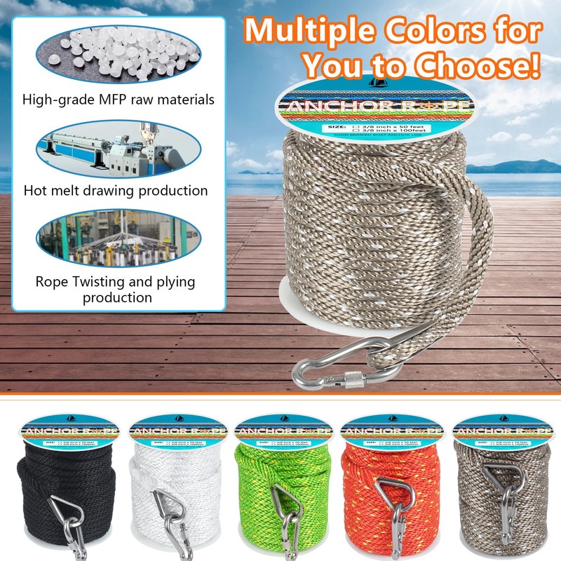 3/8 Inch 50 FT Anchor Rope, Boat Anchor Rope Solid