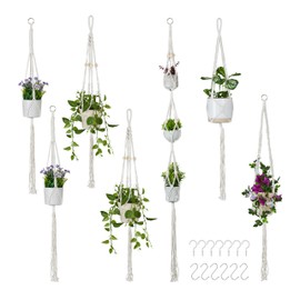 Relaxdays Macrame Hanging Basket, Set of 7, Boho Hanging Basket, Various Sizes, Plant Holder Inside, Cotton, Cream