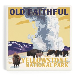 Lantern Press Yellowstone National Park, Wyoming, Old Faithful Geyser, WPA Style (Absorbent Ceramic Coaster, Single, Cork Back, Kitchen Table Decor)