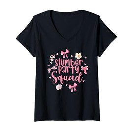 Womens Slumber Party Squad Sleepover Pajama Coquette Pink Bow V-Neck T-Shirt