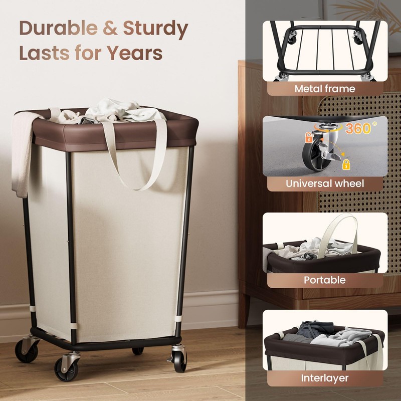 160L Laundry Basket with Wheels, 2-section Rolling Laundry Basket, Large